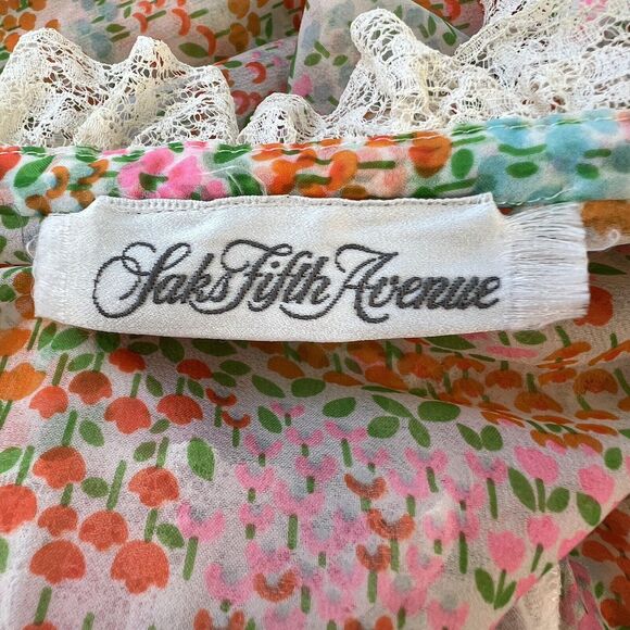 Vintage Saks Fifth Avenue 70's Tulip Print‎ Chiffon Lace Robe - Picture 10 of 11